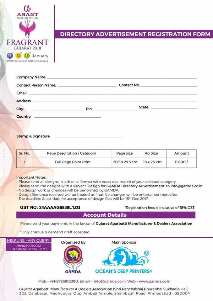 FragrantGuj2018's tweet photo. SAVE YOUR SPOT!
Don't miss out on #Advertising opportunity in ‘’#GAMDA MEMBER’S #DIRECTORY 2018’’ secure your spot today by registering now. The last date for acceptance of Advertisement: 15th December 2017.
Helpline – +9182600 60082, +91 9950022717 (10:30 am – 7:00 pm). https://t.co/hdNLThfQo0