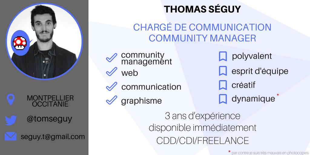 tomseguy's tweet photo. 📣 #PleaseRT
Je suis disponible pour un poste de #ChargeDeCommunication / #CommunityManager en #CDD / #CDI / #Freelance sur #Montpellier et #LR
+ d'infos mon LinkedIn ➡️ https://t.co/66Hi0LEZUu #i4emploi #i4EmploiR
1 #RT = 1 #GIF de 💙 https://t.co/mSCAqq5Ksd