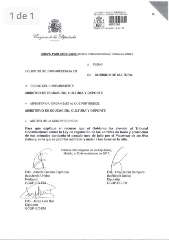 Nuestras diputadas han pedido la comparecencia del Ministro Cultura para que explique el recurso del Gobierno al TC contra la ley balear q regulaba las corridas de toros. Que explique el por qué de esta injerencia
