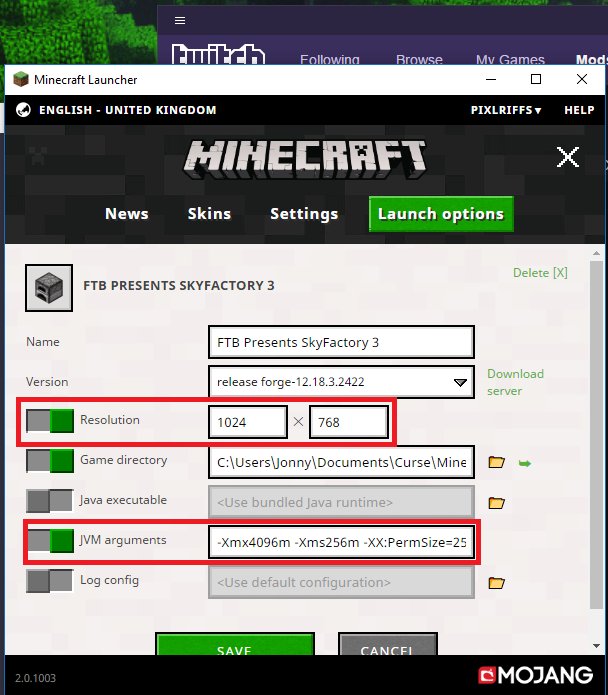 Pixlriffs Modded Folks Anyone Know How To Get The Twitch Launcher To Permanently Change Resolution Jvm Arguments When It Launches Minecraft Modpacks Every Time I Launch Sky Factory