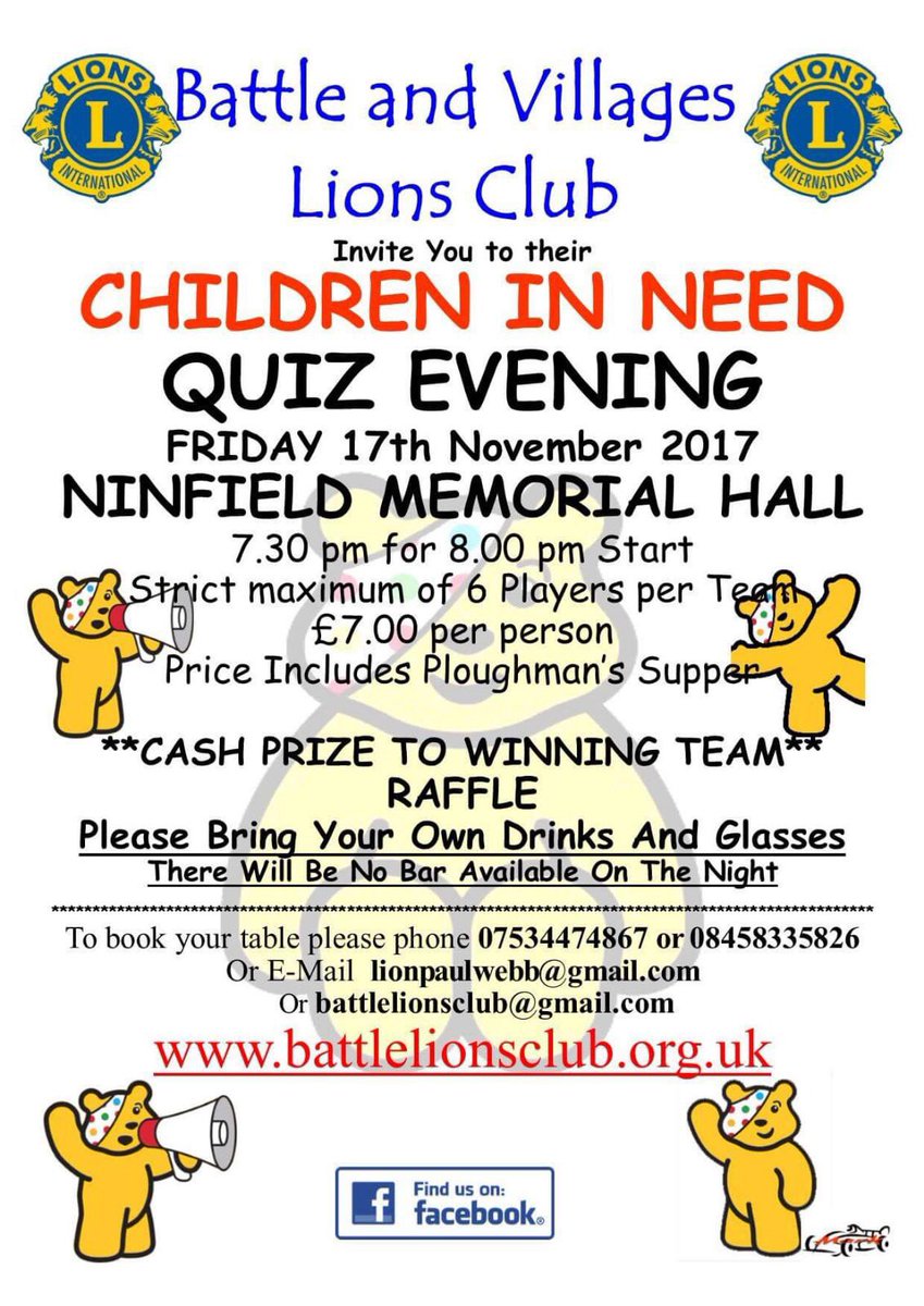 Check out the details to our Children in Need quiz this Friday! #ChildrenInNeed #CiN <a href="/BattleLionsClub/">Battle&VillagesLions</a>