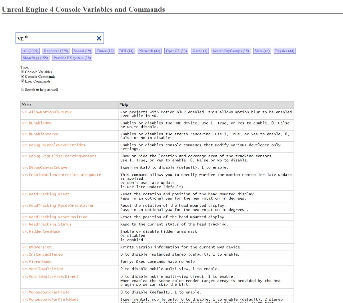 MrHibbitts's tweet photo. Useful tip for working with the console in @UnrealEngine: If you type "help" as a console command it will generate a fully searchable html list of all console commands, variables and exec commands along with their descriptions. #ue4 https://t.co/C2BRc6VplG
