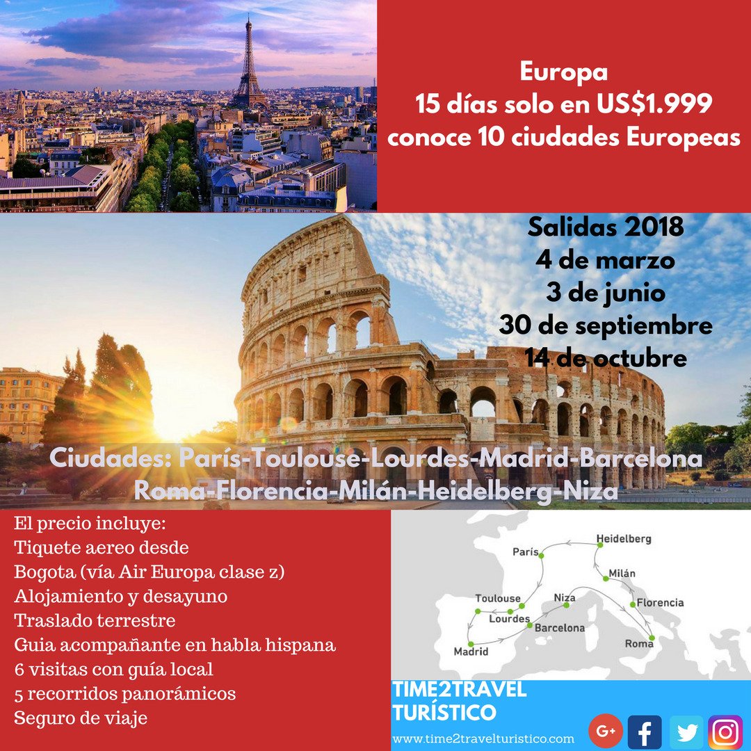 Time2TravelCol's tweet image. Si deseas ir a #Europa Disfruta de estas #Vacaciones en 10 #ciudades europeas desde solo US$1.999, contactanos ahora!
