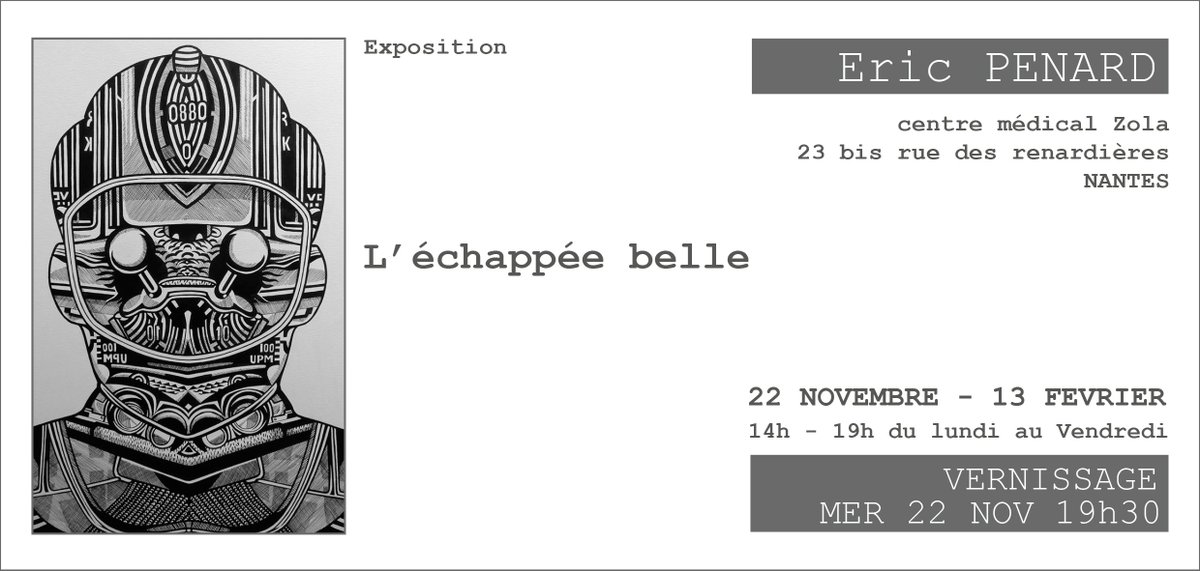 Artzup's tweet photo. Bonjour,
Ami(e)s #nantais(es), prochaine #Exposition "L'échappée belle" de #EricPENARD bientôt ! A ne pas manquer ! :-)
#Vernissage le 22 novembre. https://t.co/uXeIIu9DOE