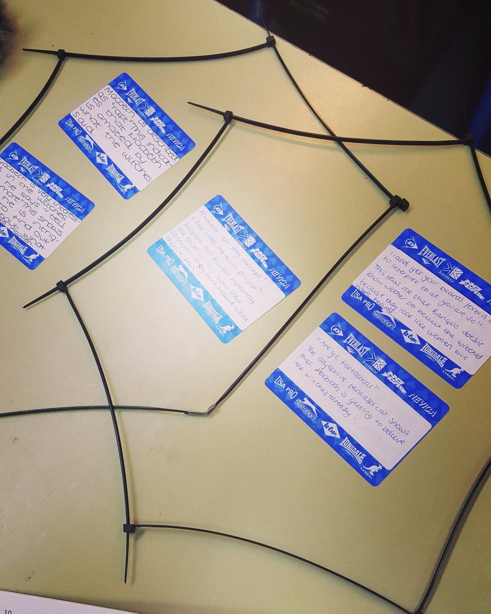 MissAspinallEng's tweet photo. Finally taught my #poundlandpedagogy lesson using cable ties for venn diagrams and playing cards to ensure concise analysis of quotes. Pupils were comparing Macbeth and  Banquo's reactions to the Witches in A1S3. #englishteacher #macbeth #teamenglish https://t.co/fNCWEXUN88