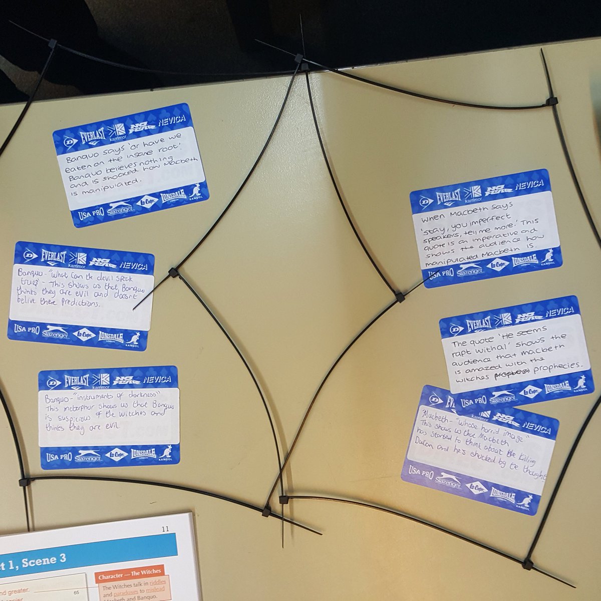 MissAspinallEng's tweet photo. Finally taught my #poundlandpedagogy lesson using cable ties for venn diagrams and playing cards to ensure concise analysis of quotes. Pupils were comparing Macbeth and  Banquo's reactions to the Witches in A1S3. #englishteacher #macbeth #teamenglish https://t.co/fNCWEXUN88
