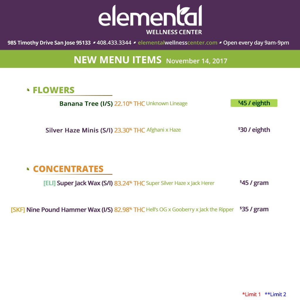 Elemental2009's tweet photo. MENU UPDATE >> #SilverHaze #Minis in @ 23% #THC 🥈🌫️ + #SkunkFeather #NinePoundHammer #Wax in @ 83% #THC ⚖️🔨 #elementalupdate https://t.co/YGVAY3e3A4