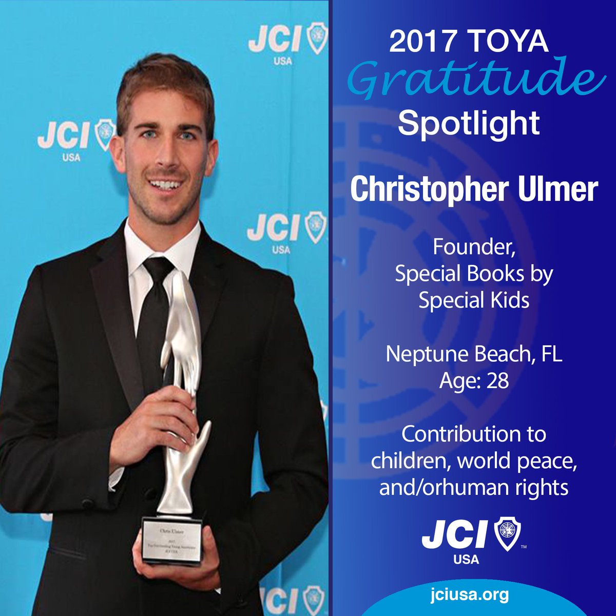 JCIUSA's tweet photo. Today's Gratitude Spotlight is #TOYA2017 Honoree, @chrisSBSK. https://t.co/3ksjPyXDuf https://t.co/kW45MDLwjy