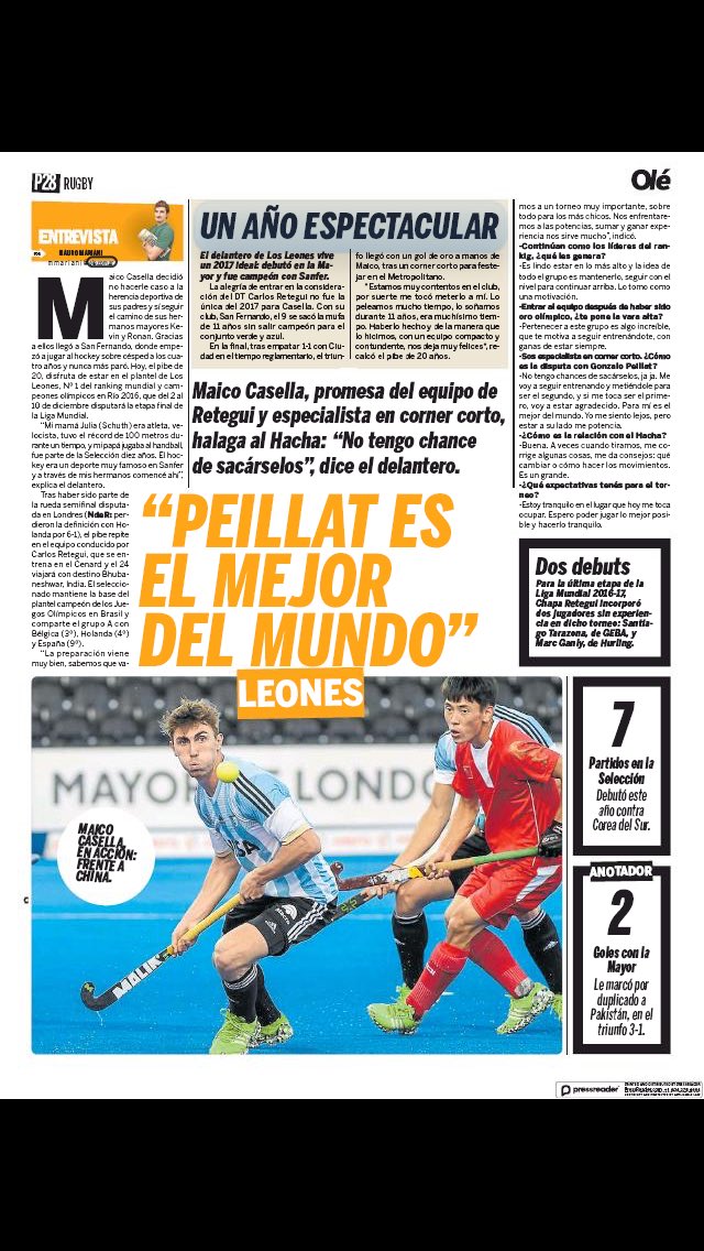 <a href="/MaicoCasella1/">Maico Casella</a>, uno de los pibes de Los Leones y buen lanzador de corner corto, cuenta sus ganas y le tiró flores a <a href="/GPeillat/">Gonzalo Peillat</a>. ole.com.ar/hockey/maico-c…