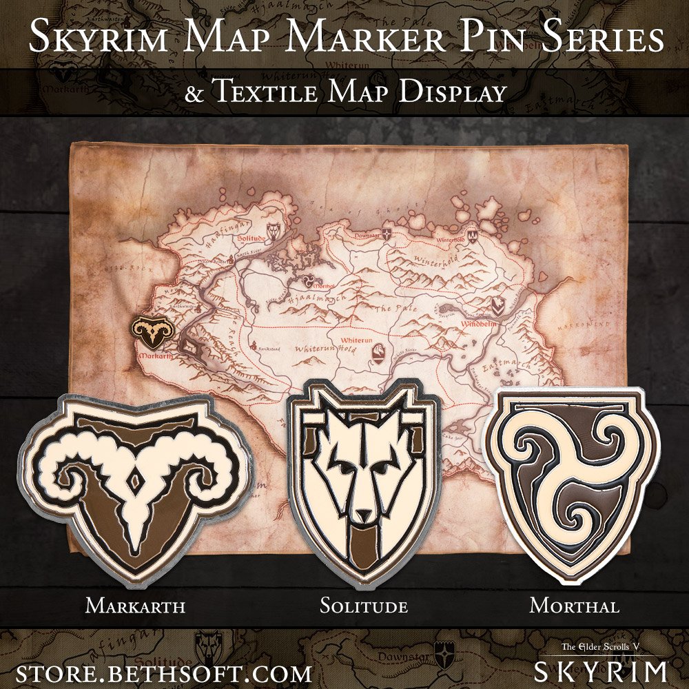 #Skyrim Map Marker Pins and Textile Map available NOW at the #Bethesda Store! store.bethsoft.com/brands/the-eld…