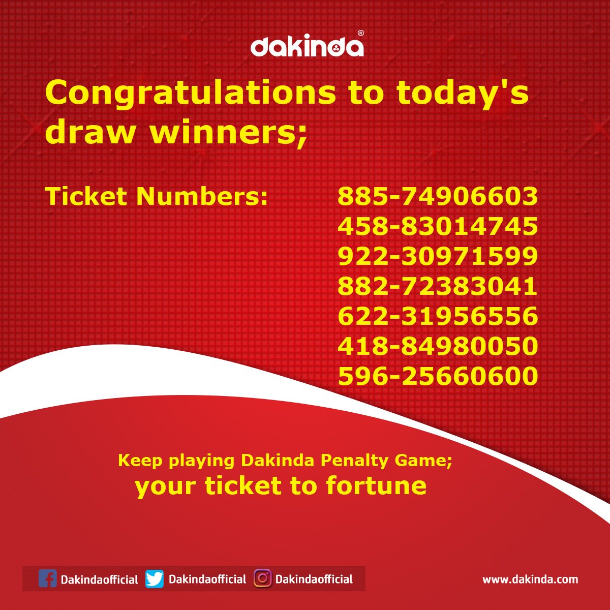 DakindaOfficial's tweet photo. More winners today than ever before! Dakinda Penalty Game draw results are out! Congratulations to our winners #PlayMoreToWinMore #YourTicketToFortune https://t.co/t9ACO3rqYc