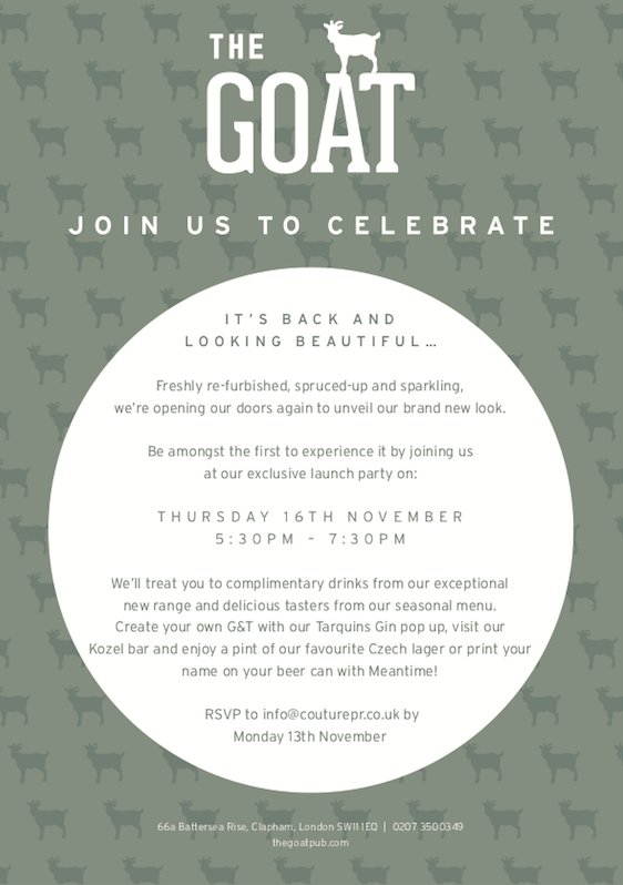JustOpenedLdn's tweet photo. This Thursday, join @thegoatpub to celebrate their new seasonal menu and new look (5.30-7.30pm). To attend, RSVP to info@couturepr.co.uk today - https://t.co/C5LqPB1rWK #ad https://t.co/zbxCxChzjx
