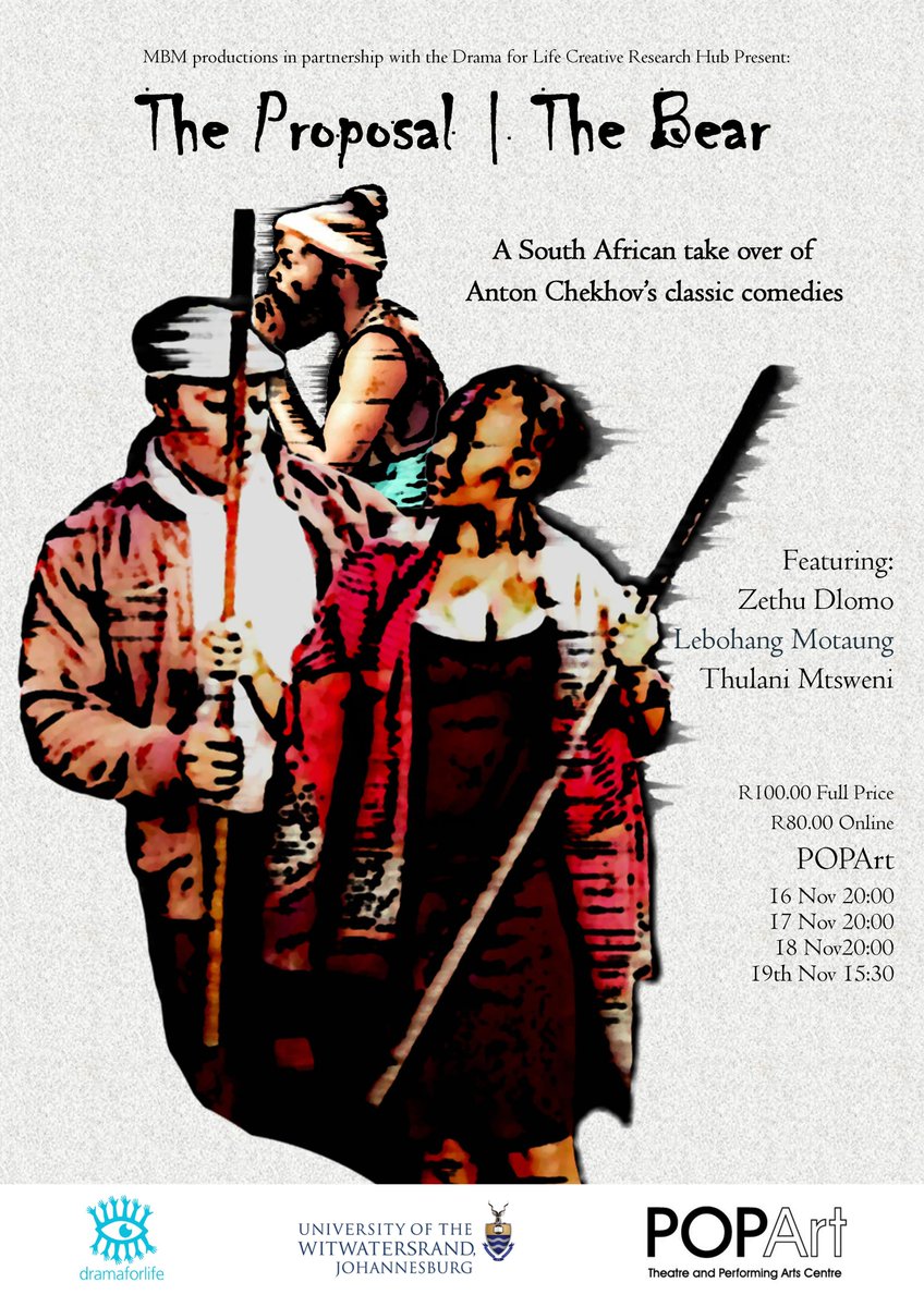 dflwits's tweet photo. Join us for South African take of Chekov's classic comedies @POPArtJHB from 15 - 19 November.
Thursday evening's performance will be followed by a post show panel discussion about the South Africanising of classic texts facilitated by Fiona Ramsay. #Theproposal #TheBear https://t.co/0Ul92LdoLc