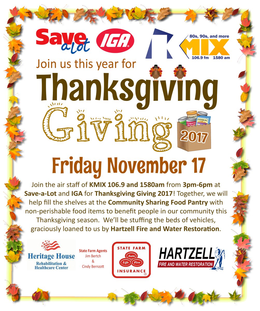 Kmix_1069fm's tweet photo. Join us Friday as we help each other and the Community Sharing Food Pantry. #ThanksgivingGiving #FoodDrive https://t.co/AfOekRRsCv