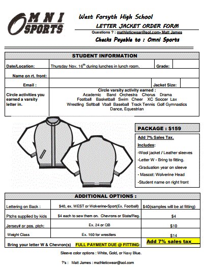 omniawardjacket's tweet photo. @WFHS_HS WFHS letter jacket fitting Thursday, Nov. 16th during all lunch periods in lunch room. See form attached. https://t.co/T1z01akznL