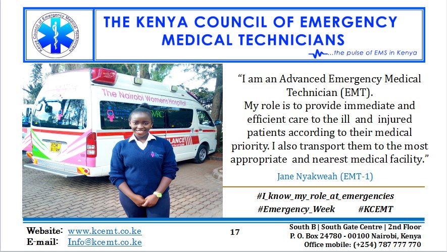 EmsKemtru's tweet photo. EMERGENCY SERVICES WEEK KENYA
@KenyaWeek
Shout out to Emergency Medical Technician Jane Nyakweah. We celebrate you
#I_know_my_role_at_emergencies
#Emergency_Services_Week
#KCEMT
#EmergencyServicesKe https://t.co/iZTFDCGTmD