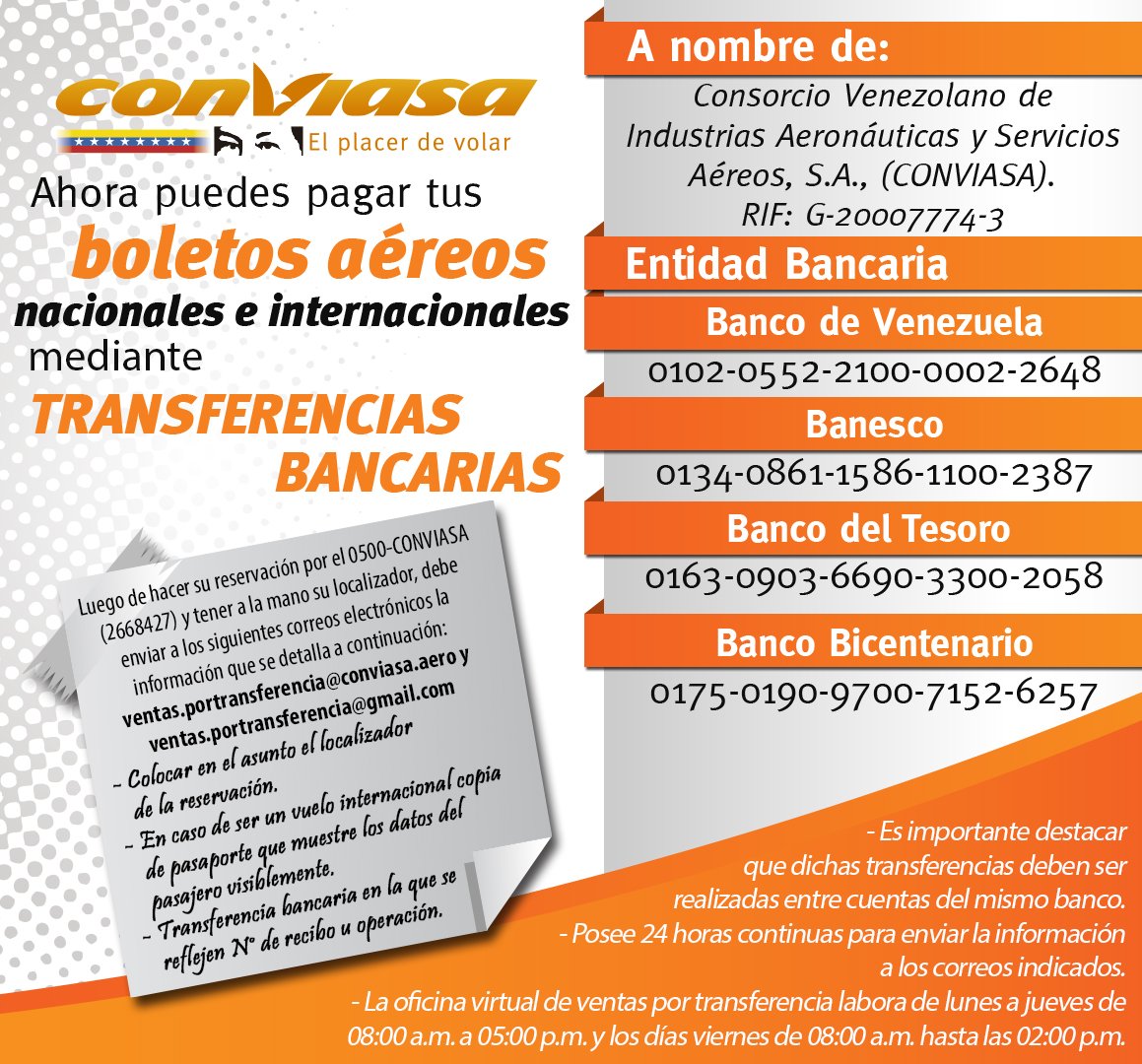 conviasa_ve's tweet photo. Ahora puedes pagar tus boletos #nacionales e #internacionales mediante transferencias bancarias https://t.co/y71tqr4azp