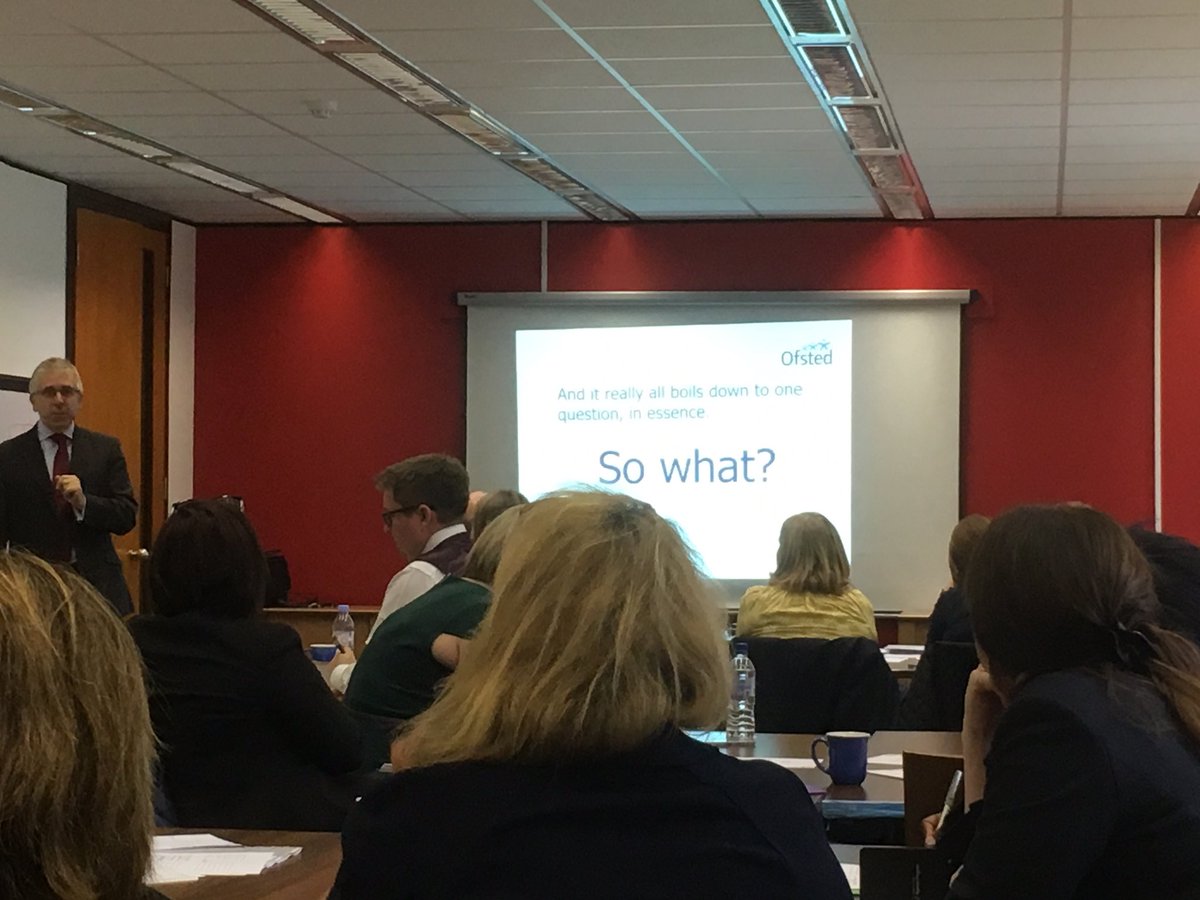 DanBunter94's tweet photo. Ofsted are asking schools 'SO WHAT?' Demonstrate progress, demonstrate effectiveness. HMI @EnglishCadence presenting to 17-18 #SecuringGood https://t.co/IGfCRI6N1G