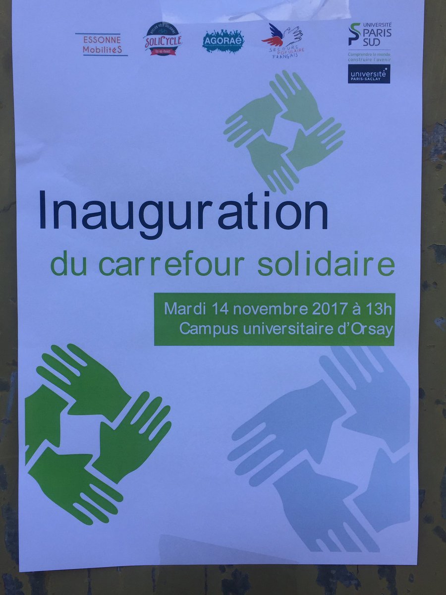 VergnolleAnais's tweet photo. Inauguration du carrefour solidaire @u_psud avec le garage solidaire d'#EssonnemobilitéS, l'association Solicycle, l'épicerie @AGORAe_ParisSud et le @SecoursPop https://t.co/ri9jF4aGW1