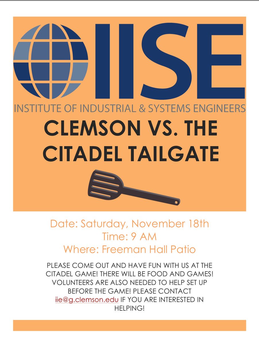 ClemsonIISE's tweet photo. Our first ever tailgate will be this Saturday, Nov. 18th at 9am at the Freeman Patio. Come eat and socialize ! Contact iie@g.clemson.edu if you are interested in setting up!#CUthere https://t.co/lyO3sSd7Ye