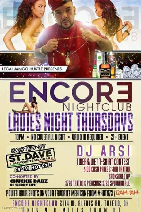 StDaveThaTable's tweet photo. THIS THURSDAY Ladies Night @Encore Nightclub on Alexis $1 TACOS  $1 MARGARITAS 10p-Midnight Power MIDNIGHT -1am 🍇🍒🥃bomb shots on Me Ya Favorite Mexican from @HOT973Toledo SHARE SHARE SHARE  #LadiesNight #Thursdays #ENCORENIGHTCLUB #ToledoNights #YaFavoriteMexican🇲🇽 #STDAVE https://t.co/q8MiFlkdjX