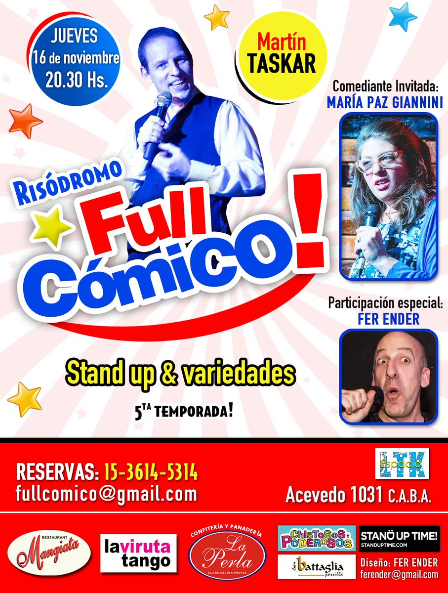 fullcomico's tweet image. Jueves Super Full Cómico! Elenco de lujo: Martin Taskar, Fer Ender y María Paz Giannini. En @teatroLTK Acevedo 1029 (Villa Crespo) Entradas a precios populares. Reservá ya! 15-3614-5314 @TicketHoy @ArgentinaShows @salidadeteatro @CarteleraBaires @Villa_Crespo @AgendaComuna15