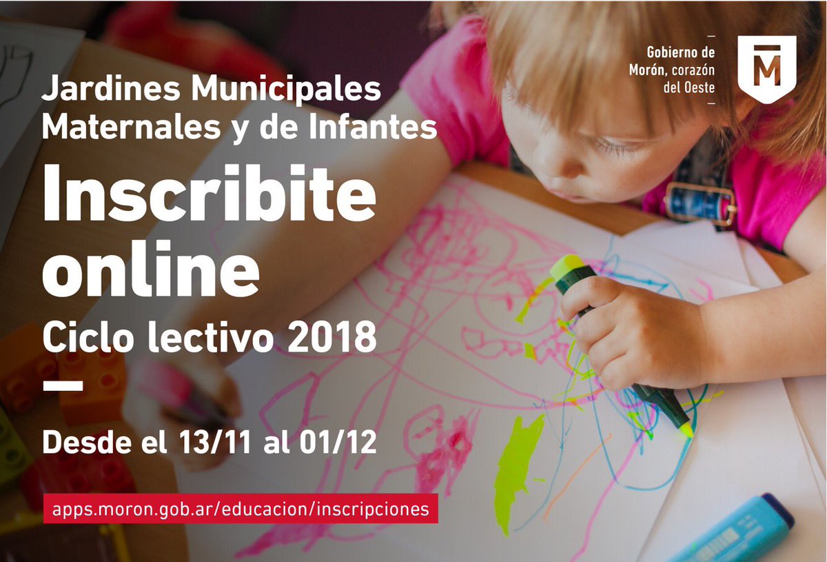 Comenzó la inscripción para el ciclo lectivo 2018 de los Jardines Municipales Maternales y de Infantes. La misma es de manera ONLINE, a tráves de apps.moron.gob.ar/educacion/insc…