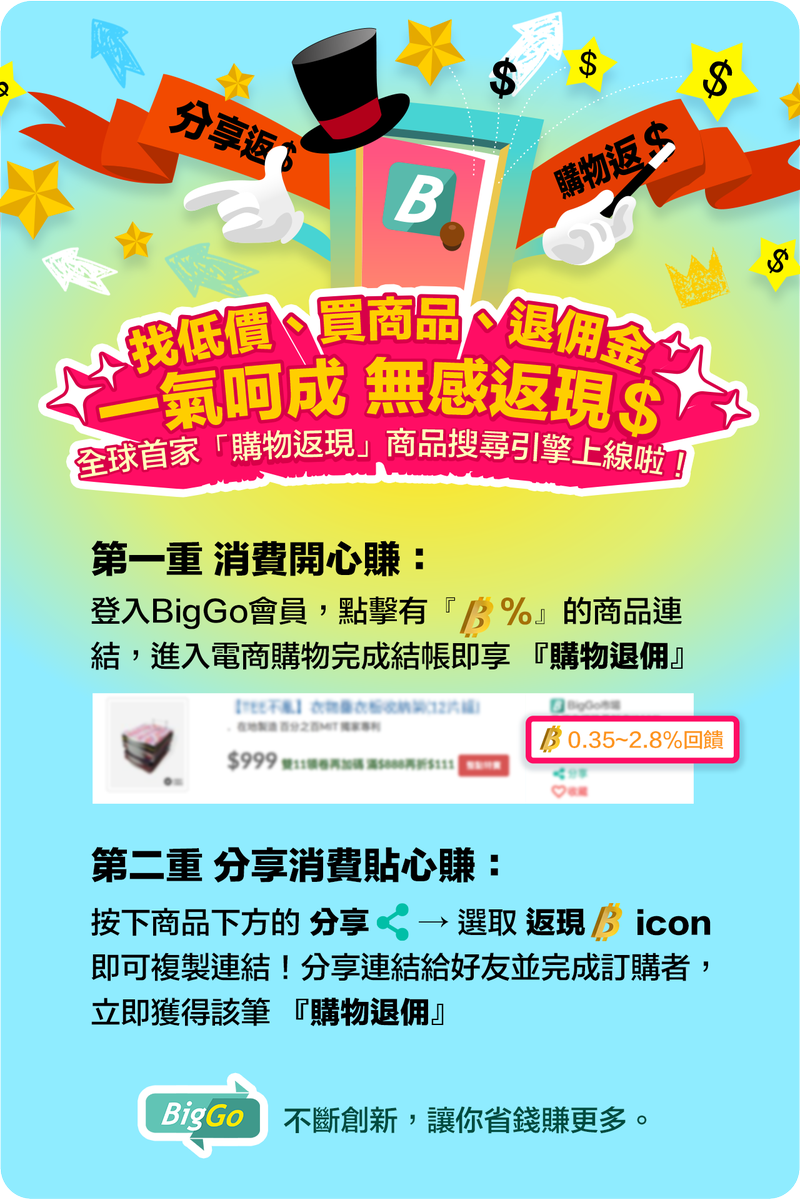 Biggo Biggo 向您介紹一個網路購物的終極省錢的方法 使用biggo 比價 然後享受佣金返還 要如何透過biggo進行佣金返還呢 其實只有兩個步驟 1 登入會員