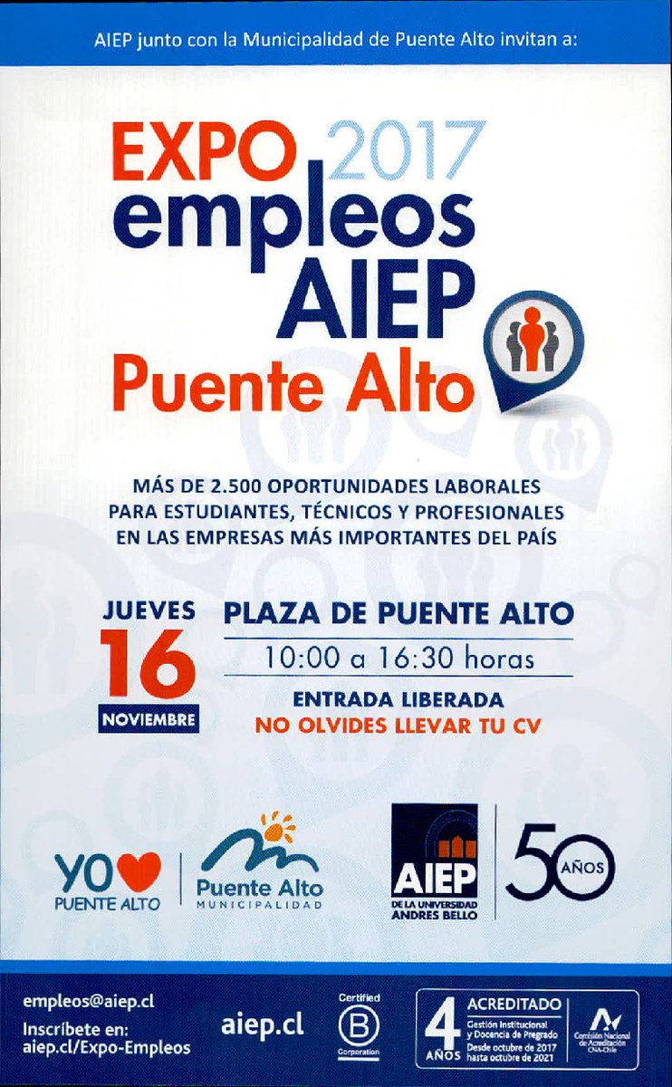 germancodina's tweet photo. Si andas buscando o quieres cambiarte de trabajo, este jueves puede haber buenas oportunidades. Visita la #ExpoEmpleo @AIEP @mpuentealto y postula a una de las 2.500 ofertas laborales que habrá a disposición de los puentealtinos. https://t.co/KXw0iinj18