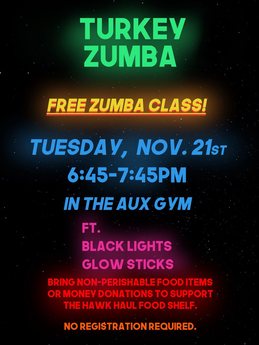 ChaskaStudCo's tweet photo. REMINDER 1 week from today we have Turkey Zumba! 🦃💃🕺
Come get a head start on that thanksgiving meal workout so others can have a meal of their own.
Bring in a non perishable food item or money donation, all donations go towards the Hawk Haul food drive. https://t.co/K9YwqdFury