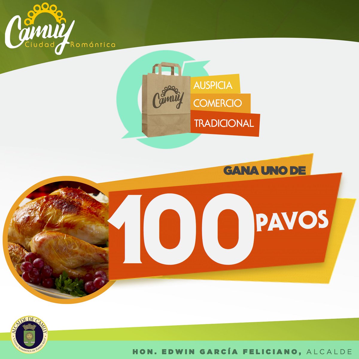 Compra en nuestro comercio Tradicional y podrías ganar 1 de #100Pavos para la Cena de Acción de Gracias. Reglas y detalles comuníquese al 787 262 7471. #CamuyDePie #UnEsfuerzoDeTodos <a href="/AlcaldeCamuy/">“Ciudad Romántica”</a> <a href="/eliezerperezVe/">Agro. Eliezer Pérez</a> <a href="/WilsonRosales12/">WilsonJ23</a> @NievesWilliam51 @miguemikepr @Ricky_Llerandi