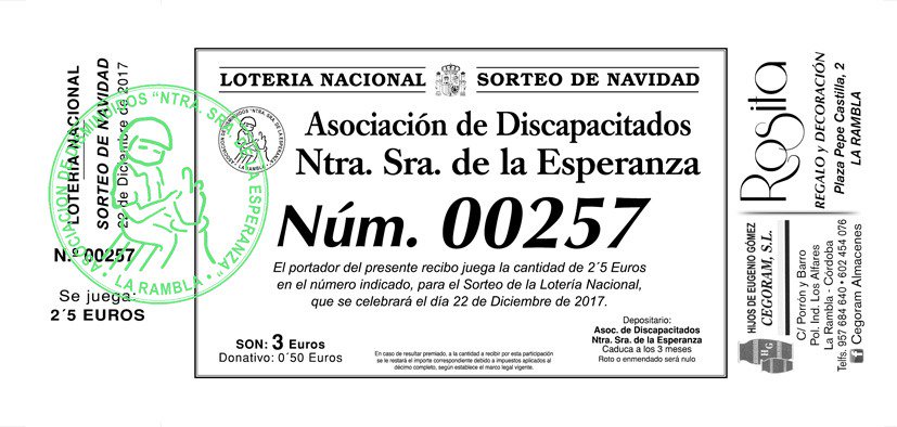 adisesperanza's tweet photo. Ya se acerca la Navidad y con ella el esperado sorteo, cargado de ilusion y esperanza. 
Colabora con nuestra causa con participaciones de loteria. 
Estan disponible en el Centro Ocupacional (ctra. Montemayor s/n), panaderia Ruben Contreras y en la tienda Rosita (Pz Pepe Castilla) https://t.co/cmPM9Rp244