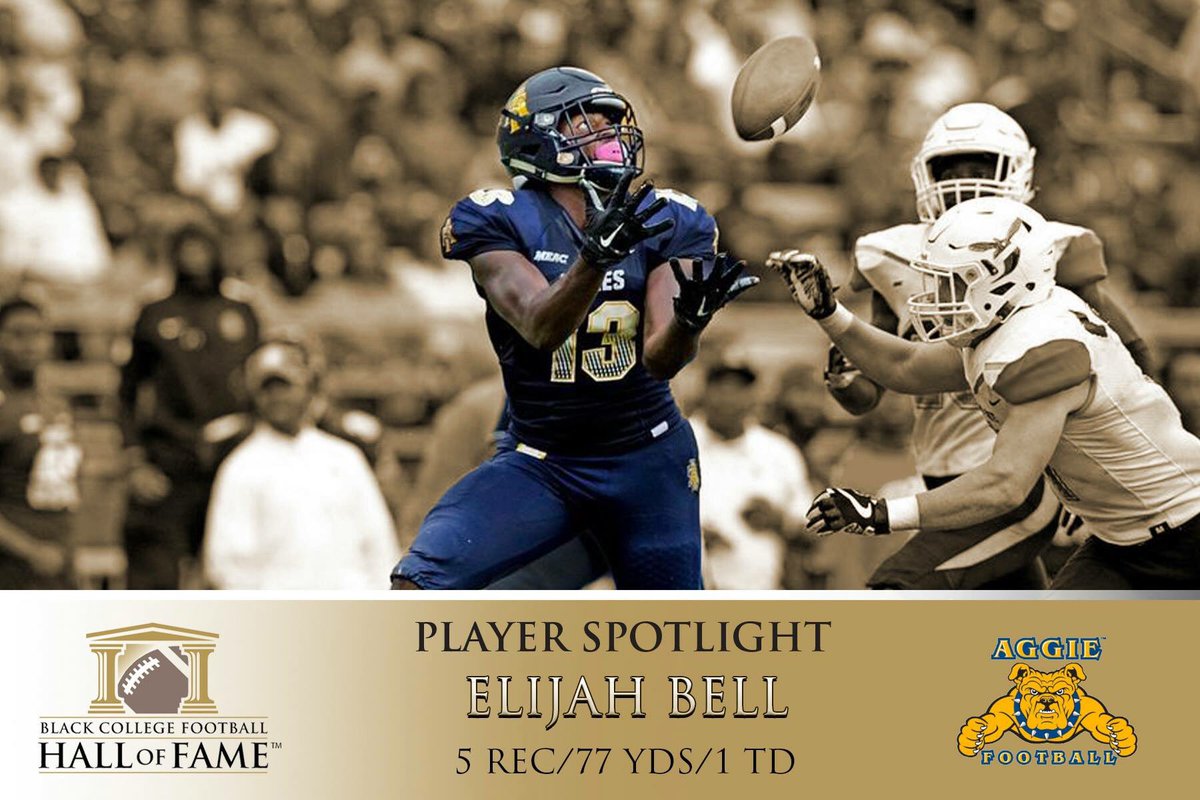 BCFHOF's tweet photo. Week 11 Black College Football Player of the Year Spotlight: @NCATAGGIES WR Elijah Bell caught 5 passes for 77 yards and a touchdown to help his team clinch a trip to the @CelebrationBowl. Bell now has 10 touchdown receptions on the year, tying the school's single-season record. https://t.co/pBSwS3miSM