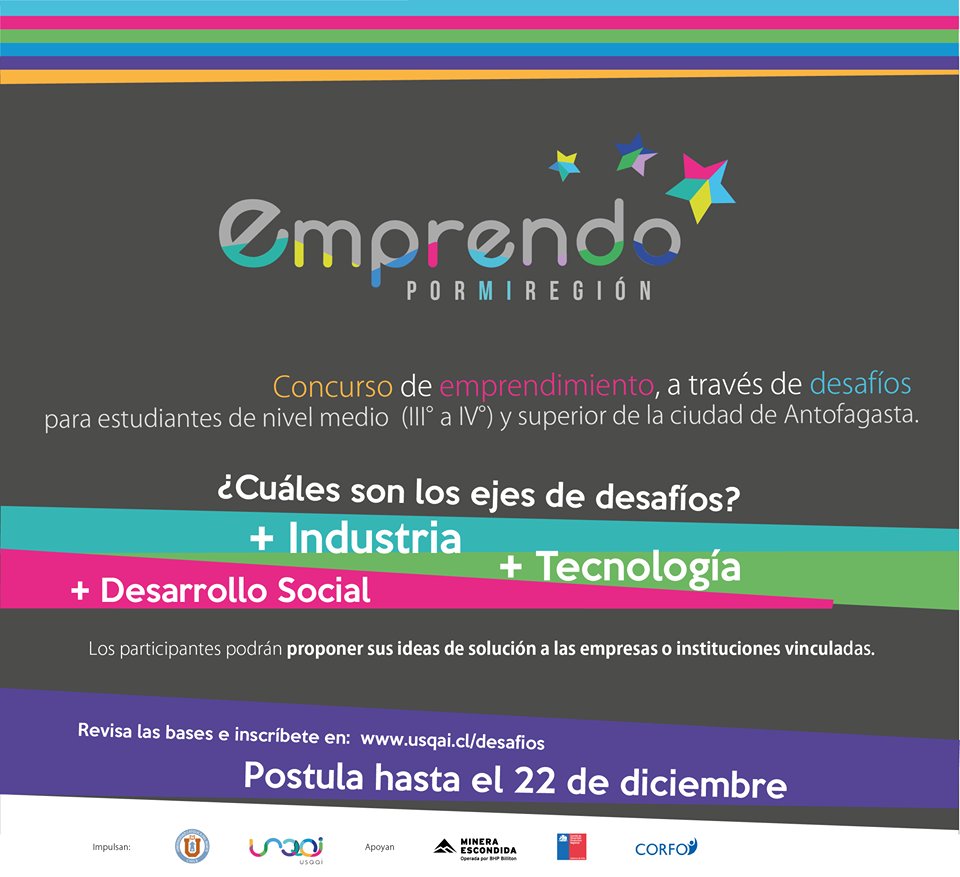 Todos invitados a participar!!! Ingresa a usqai.cl/desafios conoce los desafíos y postula tu idea para #Emprender en #Antofagasta
