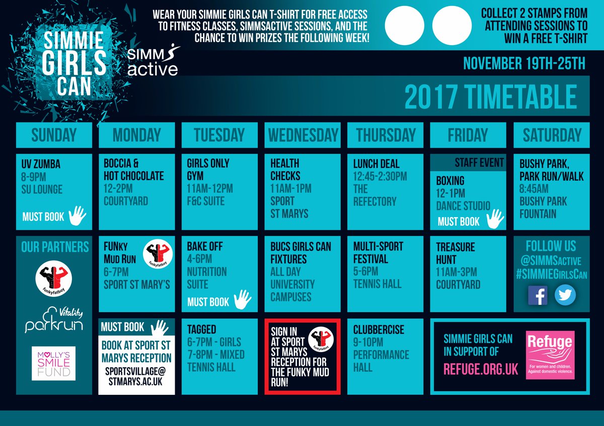 It's here... #SIMMIEGirlsCan Week starts Sunday 19th November, check out the timetable and show everyone SIMMIE GIRLS CAN!
