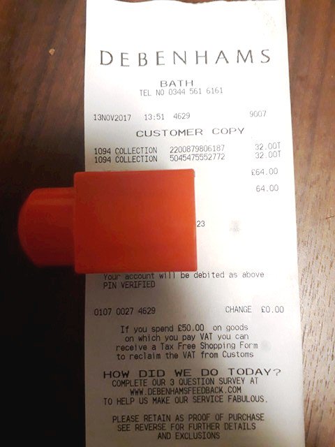 TheBathPug's tweet photo. @Debenhams My husband bought 2 pairs of trousers yesterday in Bath store that should have been BOGO-halfprice but was charged full amount for both. Can you check if this was right please? https://t.co/KCOnJc2im3