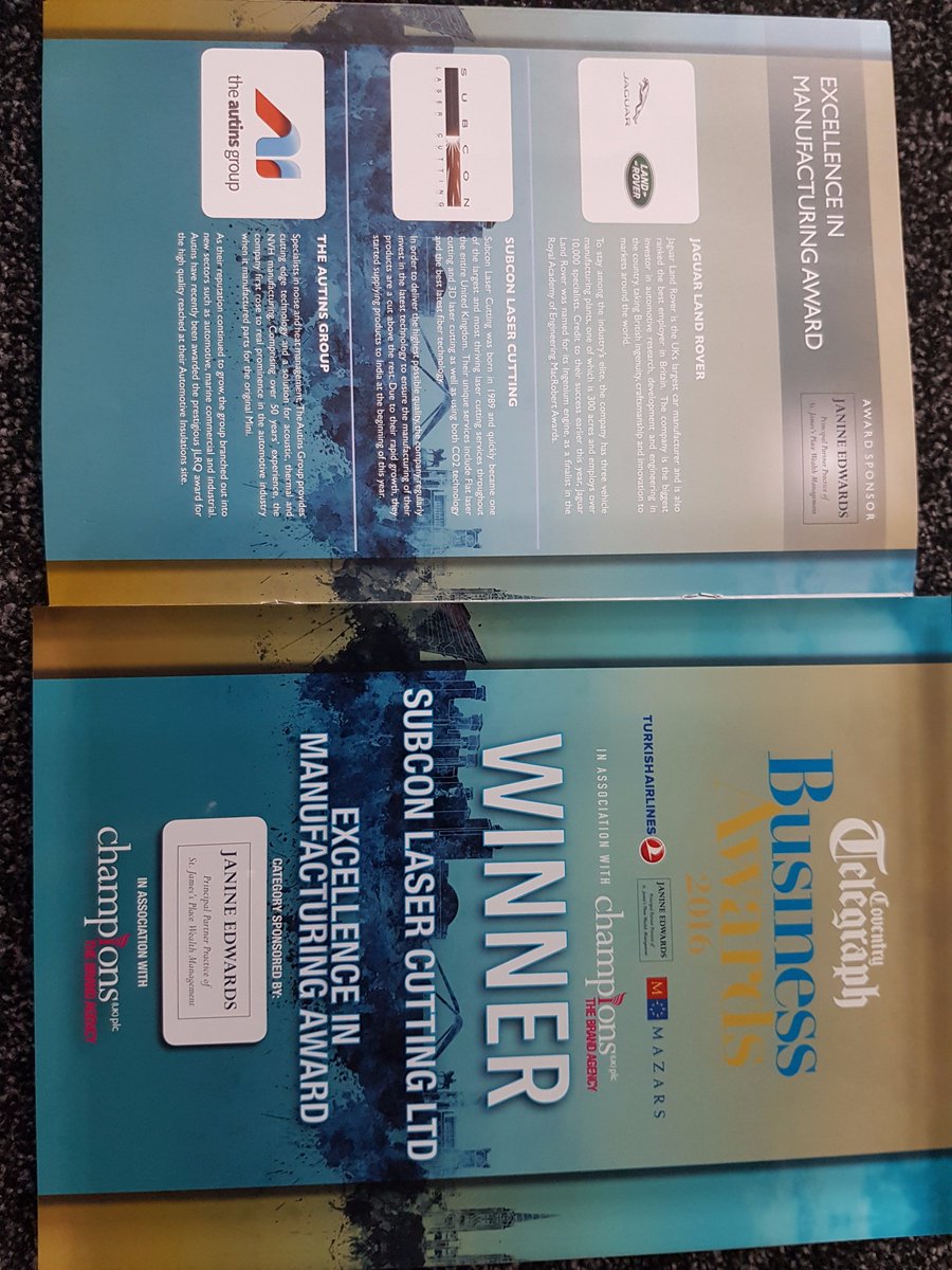 TmonganTom's tweet photo. Good luck to all finalists in this years #CTBA2017 / #PrideofCov @covtelegraph awards @RicohArena. @SubconLaser were proud winners of the "Excellence in Manufacturing" award in 2016. https://t.co/4YZ0IcIxdX