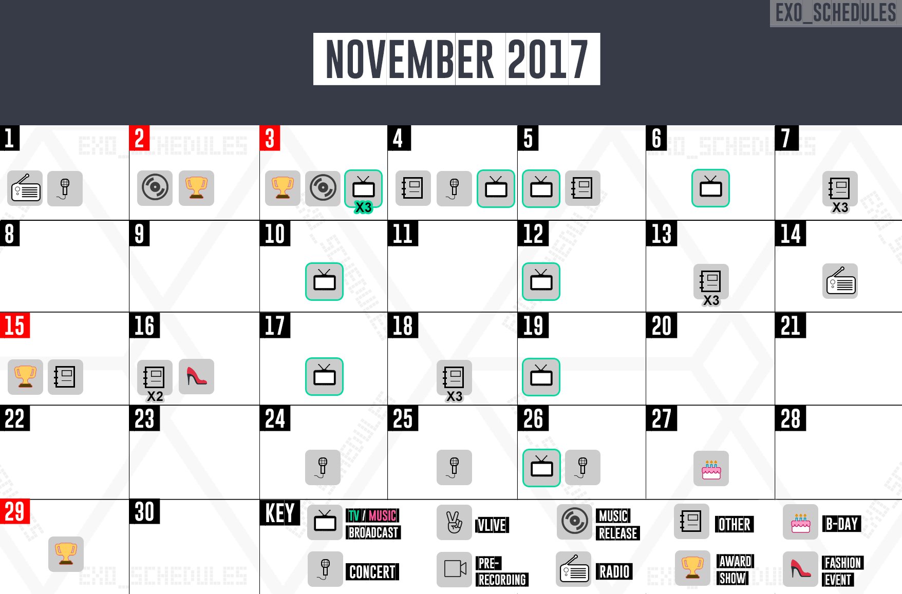 EXO SCHEDULE on Twitter: "November 2017 🗓 #EXO's monthly schedule 🕘 As