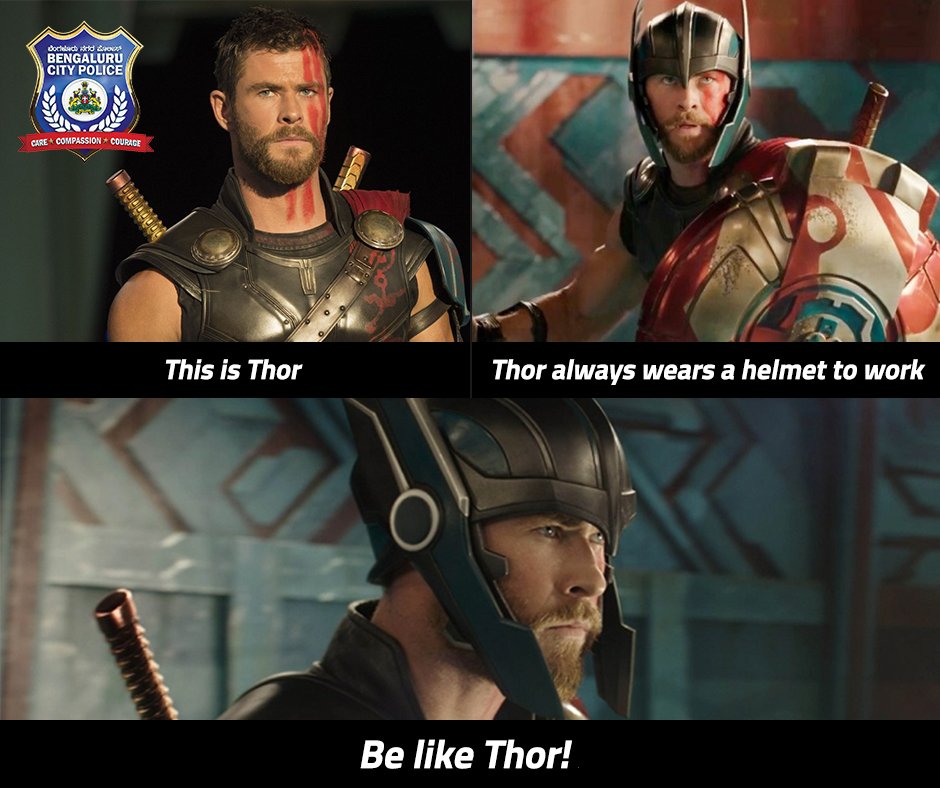 ravi_magdum's tweet photo. Very Good and unique initiative by @BlrCityPolice to create awareness of helmet among youths
Even the God of Thunder wears a helmet. So should you. #HelmetToWork #RideSafe https://t.co/kP0Nky1i4I