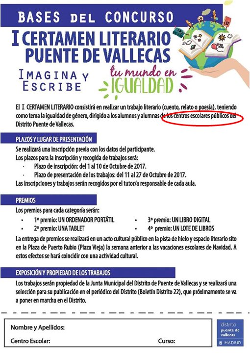Nuestros lectores preguntan a la <a href="/JMDpvallecas/">Distrito de Puente de Vallecas</a> si los niños de los centros escolares concertados y/o privados de #PuenteDeVallecas no pueden participar en este Certamen literario "Tu mundo en igualdad", o si la igualdad es sólo para los centros públicos #Gracias