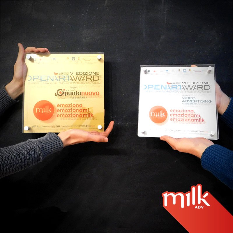 Milkadv's tweet photo. Anche quest’anno abbiamo trionfato agli #openartaward: una targa oro per lo spot radiofonico Camon e una targa argento nella categoria Video Advertising per lo spot Banca Popolare di Vicenza! https://t.co/hR48RKEIT5