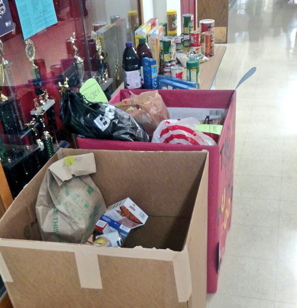 TeachKaminski's tweet photo. The Tackle the Hunger food drive is overflowing! So proud of what our students are doing for the Hoping Park food pantry! Three days left to bring in those cans and boxed goods!  #wearemomence @jason_bargy13 https://t.co/iSygO0CF1i