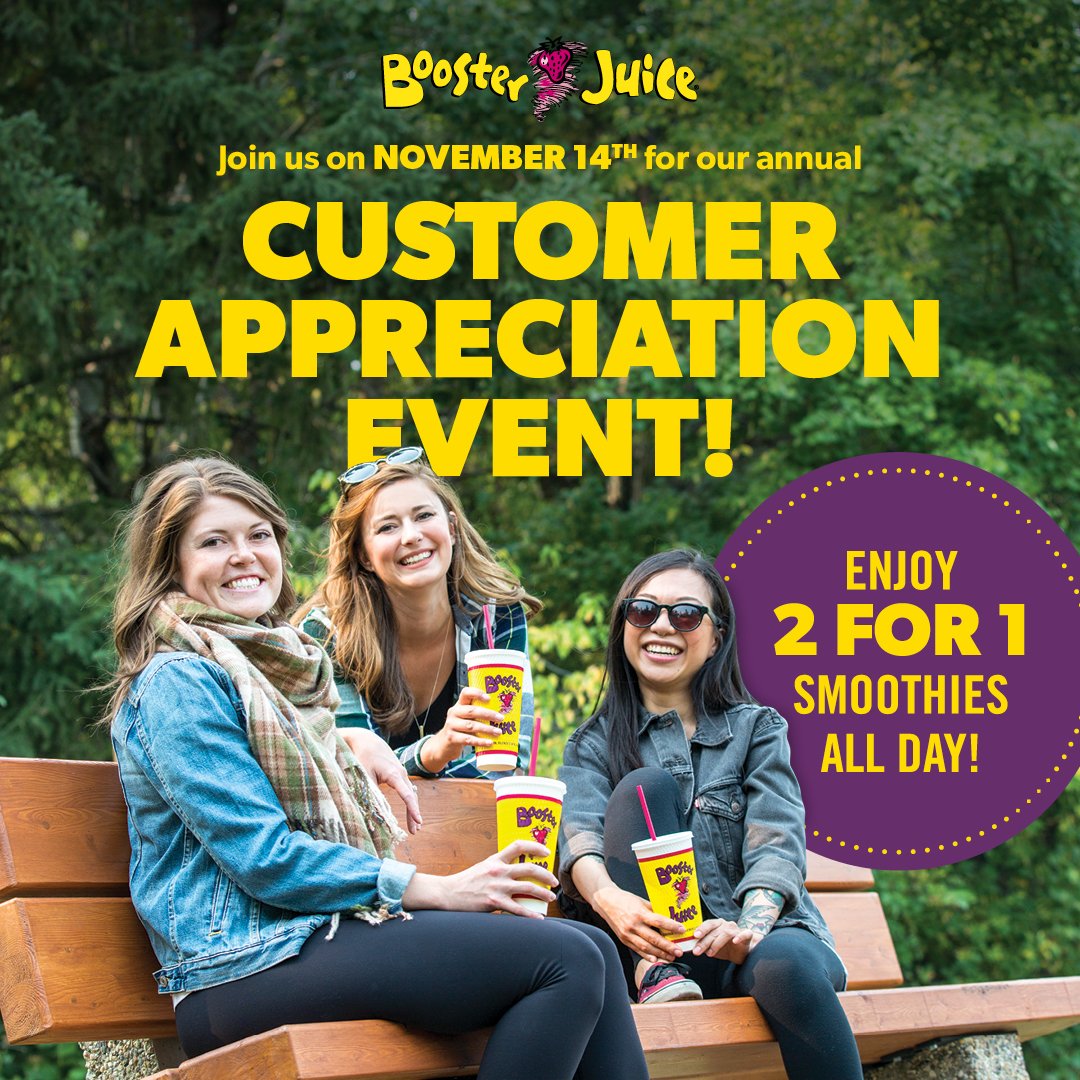 boosterjuice's tweet photo. It’s #CustomerAppreciation Day at #BoosterJuice! Purchase any regular price smoothie and get a 2nd smoothie for FREE! #yeg #yyc #yyz #yvr https://t.co/G8lWgRG3jx