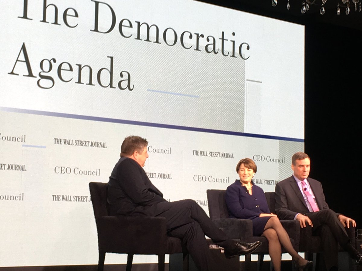 C_T_Lakshmanan's tweet photo. How are #Democrats going to differentiate themselves. @amyklobuchar @MarkWarner laying out their strategy #WSJCEOCouncil @tech_mahindra https://t.co/UDucm8bUFY
