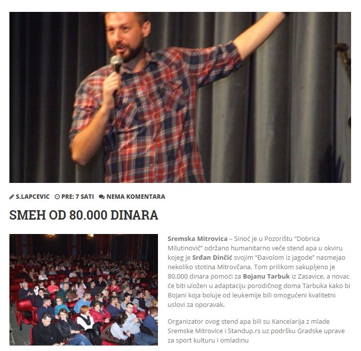 Standuprs's tweet photo. Sinoć je u Sremskoj Mitrovici održano #humanitarno veče stend apa u okviru kojeg je @SrdjanDincic nasmejao nekoliko stotina Mitrovčana, a tom prilikom sakupljeno je 80.000 dinara!
https://t.co/CMK2WpHzAv
♥️♥️♥️ https://t.co/HKL5PNPULb