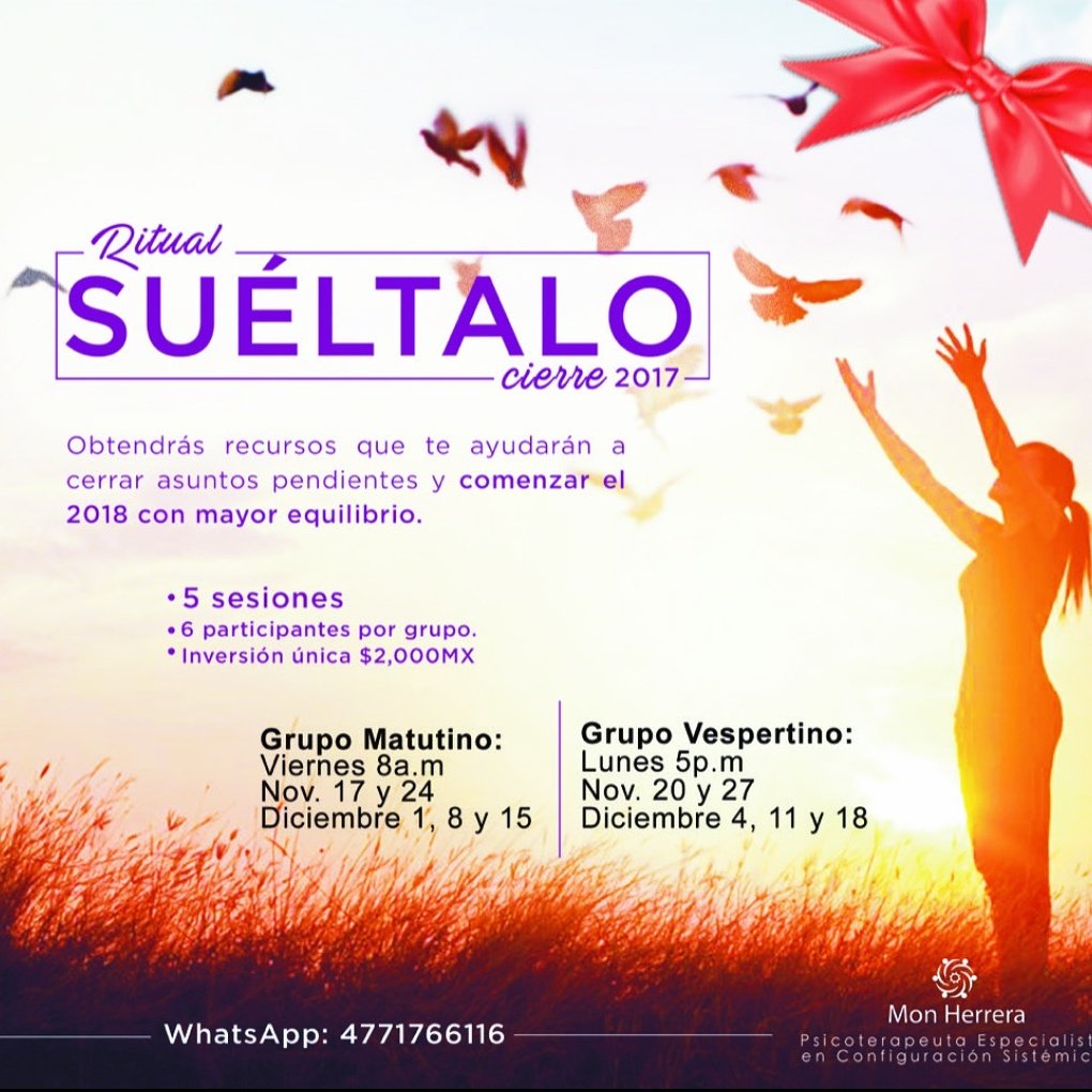 monhr's tweet photo. SUÉLTALO 2017. Mismo Objetivo, diferente formato. Solo 6 lugares, 1 sesión por semana.
Termina el año resolviendo asuntos pendientes, que podrían ser un obstáculo para iniciar el 2018 de manera saludable. 
Más informes e inscripciones por inbox o WhatsApp. https://t.co/4AX54cSSWs