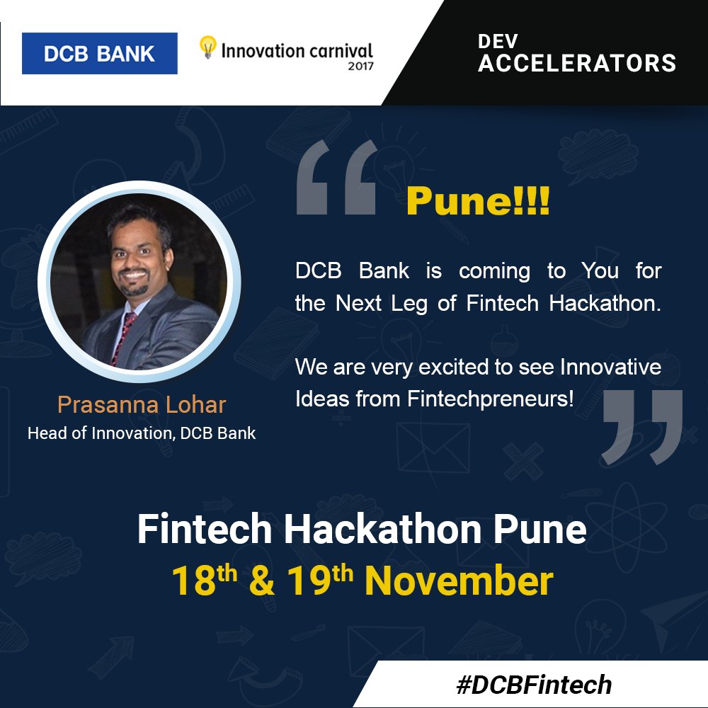 DCBHackathon's tweet photo. In our endeavor to strongly support #DigitalIndia initiative, after successful completion of 4  #Hackathons we are launching our 5th leg of national #FintechHackathon in #Pune

Be a part of #DCBFintech Hackathon and create something ground-breaking in 30 hours. https://t.co/9at1OKz1sS