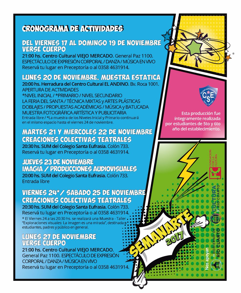 coleStaEufrasia's tweet photo. COMIENZA LA CUENTA REGRESIVA PARA UNA NUEVA EDICIÓN DE SEMANARTE. NO TE LO PIERDAS!!!
SEGUINOS EN NUESTRAS REDES SOCIALES. 
FACEBOOK: https://t.co/X0pgKUdSUE
INSTAGRAM: prensasantaeufrasia
YOU TUBE: Colegio Santa Eufrasia. Nivel Secundario
TWITTER: @colestaeufrasia https://t.co/ZlKlNpQjgB