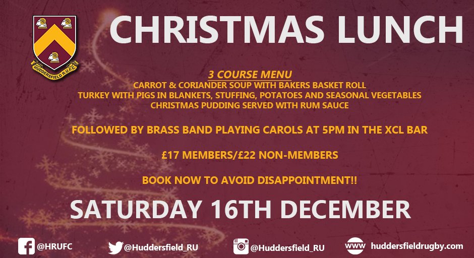 Huddersfield_RU's tweet photo. Book on for the Club's Christmas lunch - Saturday 16th December prior to the @SaleFC game. Call 01484 469801 now. https://t.co/PVM6hLpnaB https://t.co/sbYbLY34u9