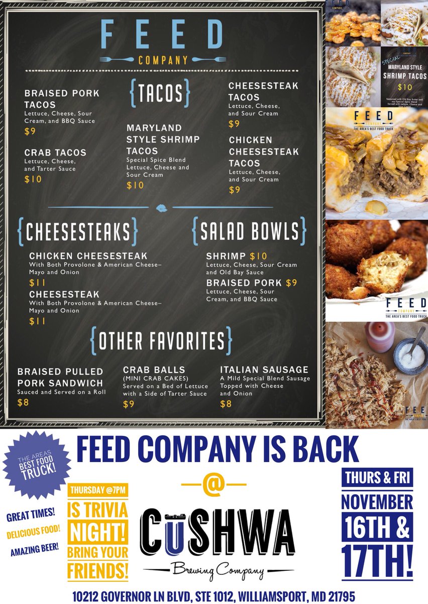 Thursday &amp; Friday this week we are at <a href="/cushwabrewing/">CushwaBrewing</a> company in Williamsport / Hagerstown.   Thursday is trivia night! Friday starts the weekend right! Delicious food from FEED COMPANY!